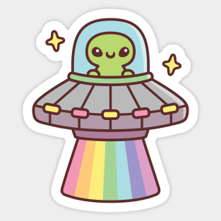 Cute Alien In UFO Spaceship With Rainbow Ray Sticker